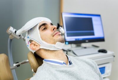Stimularea Magnetică Transcraniană (rTMS): ce este, când se recomandă și cum funcționează la Centrul Integrat de Terapia Durerii NORD pacient caruia i se realizeaza o stimulare magnetica transcraniana