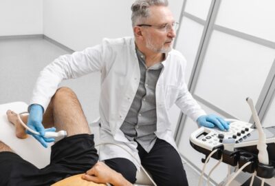 Hernia inghinală: simptome, diagnostic și tratament modern Imagistica cu ultrasunete pentru hernia inghinală. Omul cu dureri de picior a venit la clinica medicală pentru o examinare cu ultrasunete a inghinalului